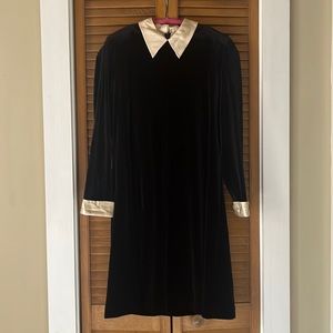 Vintage Black Velvet Dress with White Silk Collar